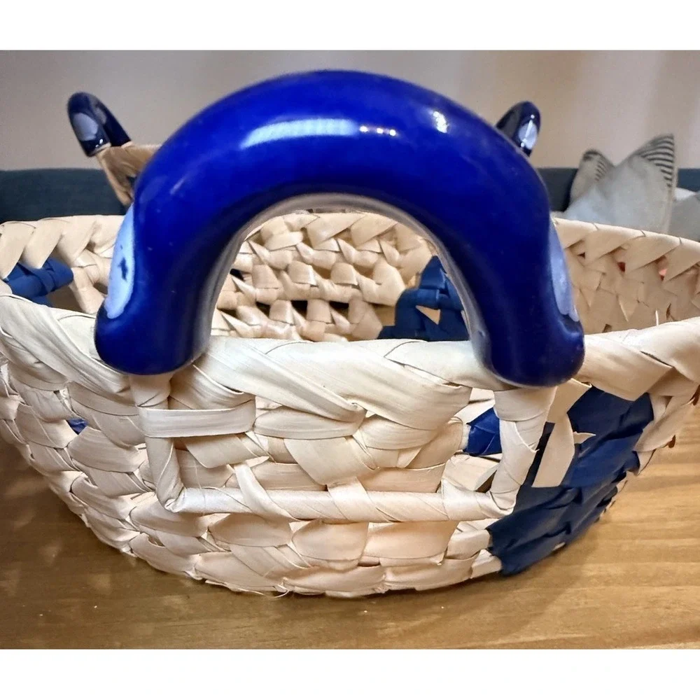 Vintage Wicker Bread Baskets Set of 2 Blue Ceramic Handles